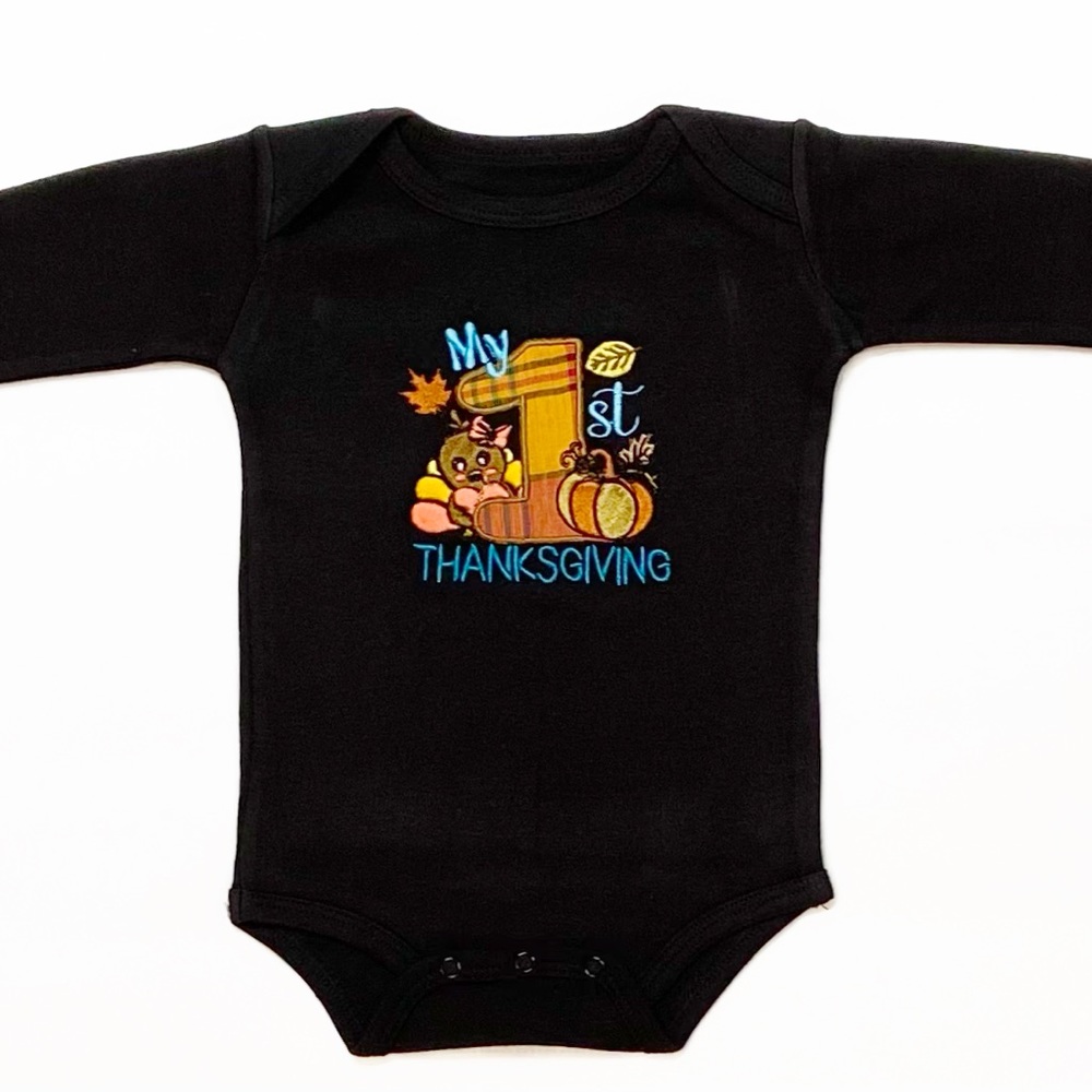 NWT EMBROIDERED Bodysuit MY 1st “Thanksgiving” Long Sleeve Avai in Black & White
